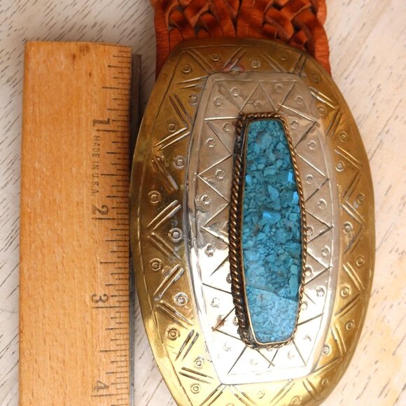 Chico's Moroccan Brown Leather Woven Belt Brass Silver Tone Buckle L - Picture 15 of 15